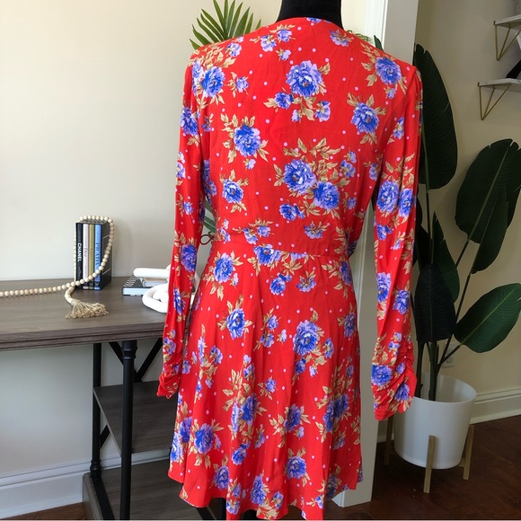 Zara Floral Red Deep V-neck Long Sleeve Wrap Dress Large - Picture 10 of 11